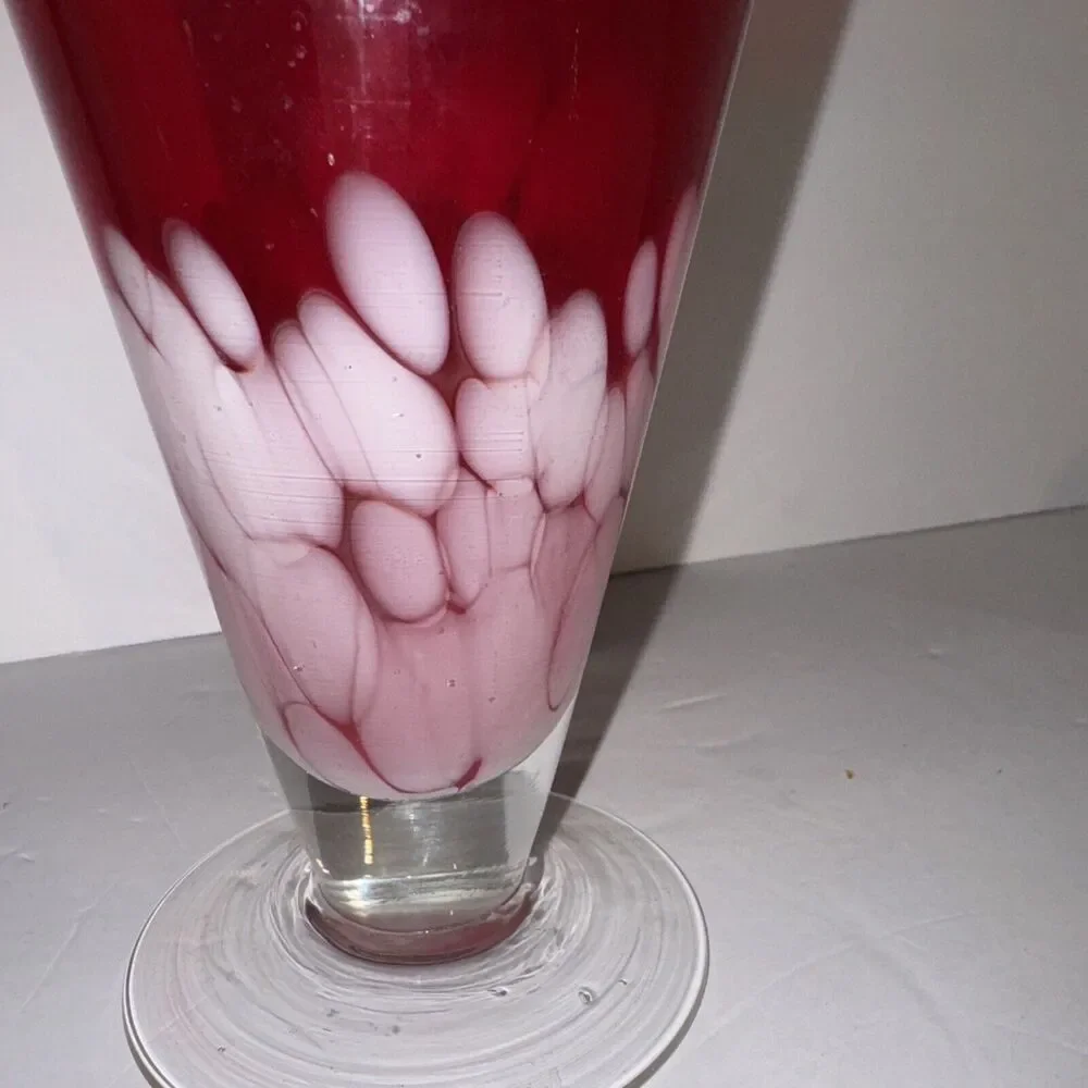 Margie's Garden Large Hand Blown Vase Ruby Red with White w/Label